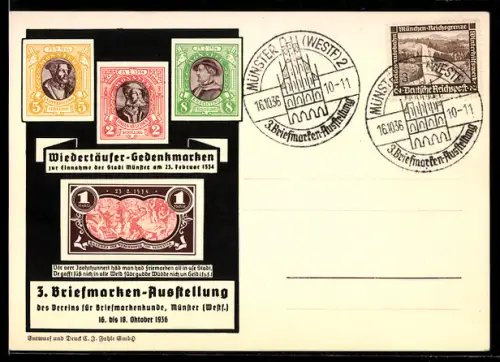 AK Münster /W., 3. Briefmarken-Ausstellung d. Vereins f. Briefmarkenkunde 1936, Wiedertäufer-Gedenkmarken