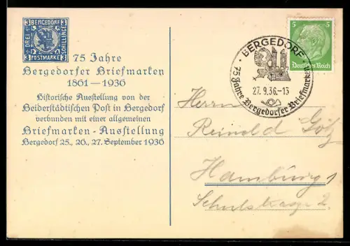 AK Bergedorf, 75 Jahre Bergedorfer Briefmarken 1936, Historische Ausstellung v. d. Beiderstädtischen Post