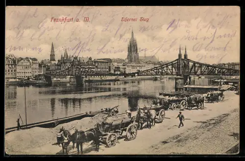 AK Alt-Frankfurt, Eiserner Steg, Mainufer mit Pferdewagen