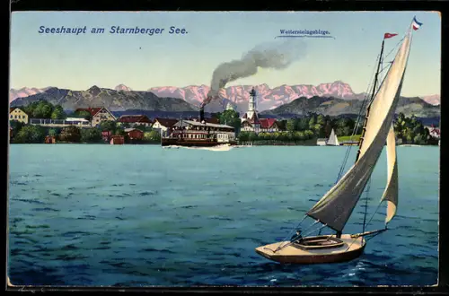 AK Seeshaupt am Starnberger See, Dampfschiff, Segelboot, Wettersteingebirge