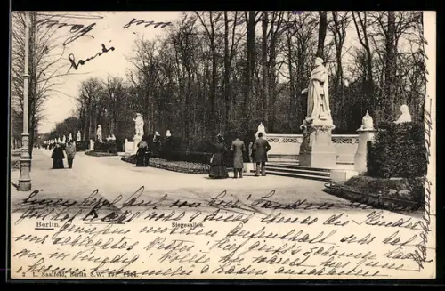 AK Berlin-Tiergarten, Siegesallee, Statuen, Spaziergänger