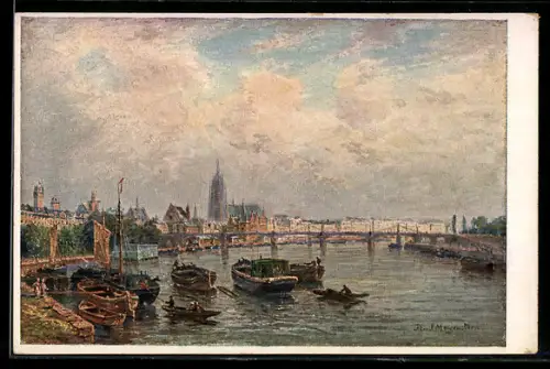 Künstler-AK sign. F. Ernst Morgensterin: Alt-Frankfurt, Mainufer mit Booten und Dom