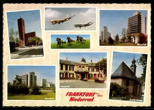 AK Frankfurt am Main, Niederrad, Frauenhof, Bürostadt, Kath. Kirche, Evang. Kirche