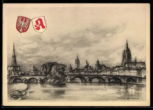 Künstler-AK Alt-Frankfurt, Skyline mit Brücke und Kaiserdom, Deutscher Apothekertag 1938