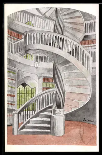 Künstler-AK Weimar, Freistehende eichene Wendeltreppe i. alten Staddtturm d. Grossherzogl. Bibliothek