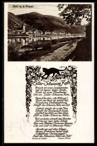 AK Zell a.d. Mosel, Ortsansicht mit Gedicht Zeller Schwarze Katz