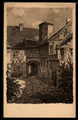 Künstler-AK Breuberg i. Odenwald, Partie im Burghof
