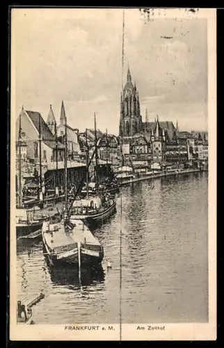 AK Alt-Frankfurt, Am Zollhof, vertäute Frachtkähne