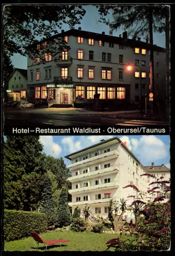 AK Oberursel /Taunus, Hotel-Restaurant Waldlust bei Nacht und Gartenanlage