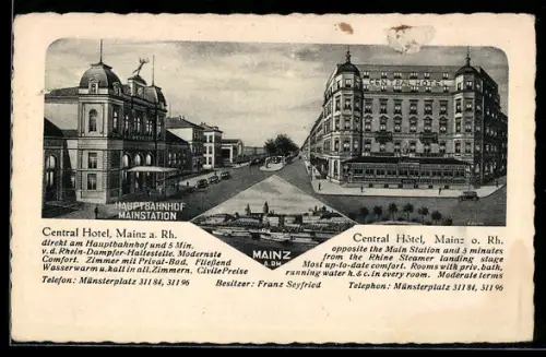 AK Mainz, Hauptbahnhof Mainstation und Central Hotel