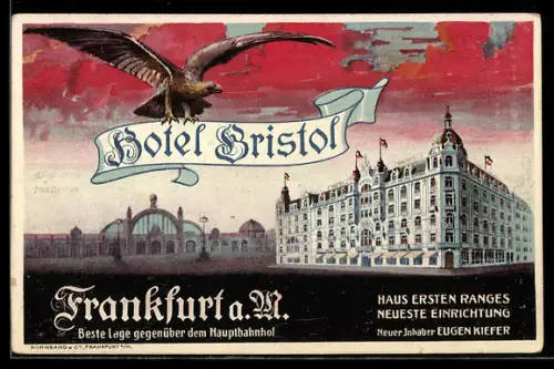 AK Frankfurt /Main, Hotel Bristol, Hauptbahnhof & Adler mit Banner