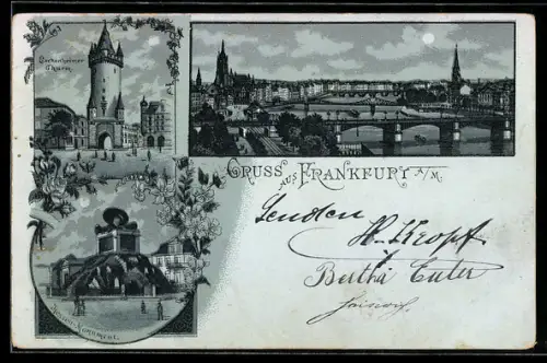 Mondschein-Lithographie Frankfurt a. M., Teilansicht, Eschenheimer Turm, Hessen-Monument
