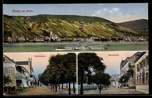 AK Camp am Rhein, Ortsansicht, Dampfer auf dem Rhein, Partie an der Rheinstrasse