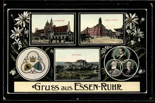 AK Essen /Ruhr, Hotel Villa Hügel, Kaiserliches Postamt, Hauptbahnhof