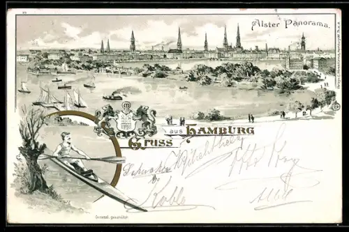 Lithographie Hamburg, Totalansicht mit Ruderer