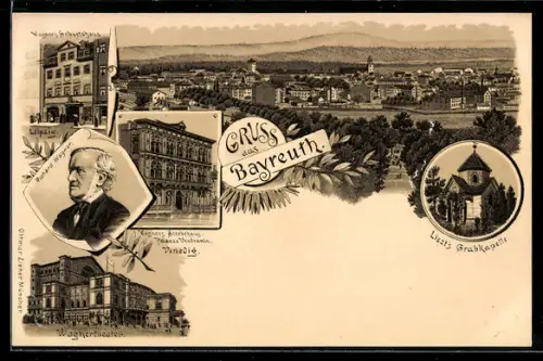 Lithographie Bayreuth, Ortsansicht aus der Vogelschau, Liszts Grabkapelle, Wagnertheater