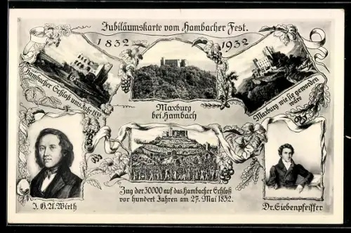 AK Hambach, Maxburg, Jubiläum vom Hambacher Fest, 1832-1932, Portraits Wirth und Dr. Siebenpfeiffer