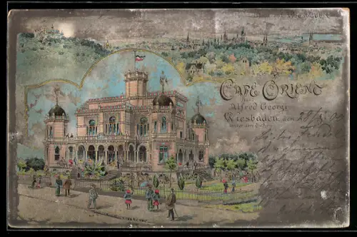 Lithographie Wiesbaden, Cafe Orent, Blick auf den Ort