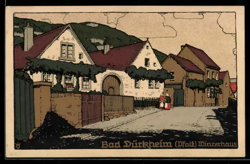 Steindruck-AK Bad Dürkheim, Strassenpartie mit Winzerhaus