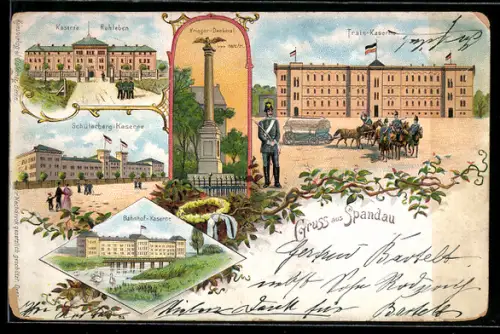 Lithographie Berlin-Spandau, Kaserne Ruhleben, Krieger Denkmal