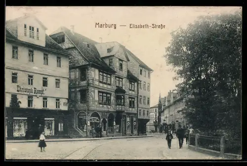 AK Marburg, Elisabethstrasse mit Geschäft Christoph Rumpf