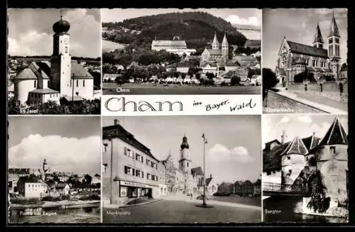 AK Cham im Bayer. Wald, Marien-Apotheke mit Kirche, Burgtor, Regen