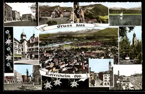 AK Rosenheim, Gesamtansicht, Marktplatz, Kirchpartie, Flusspartie