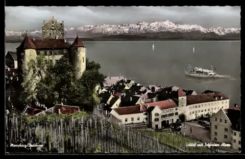 AK Meersburg /Bodensee, Schloss mit Schweizer Alpen