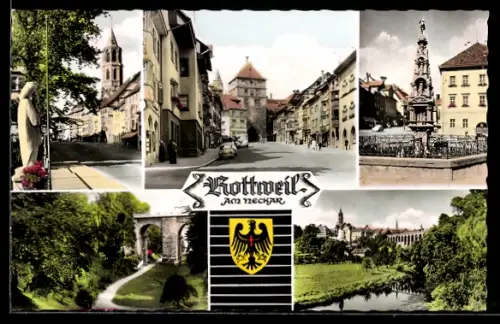 AK Rottweil am Neckar, Strassenpartie am Tor, Viadukt, Brunnen