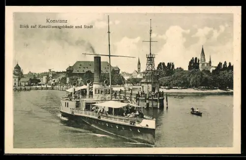 AK Konstanz, Hafeneinfahrt mit Dampfern