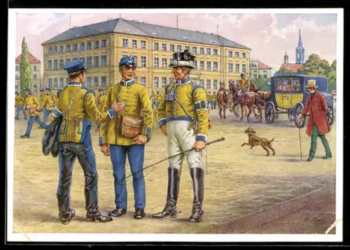 Künstler-AK Dresden, Sächs. Briefträger und Postillione vor dem Hofpostamt, Mitte des 19. Jahrhunderts