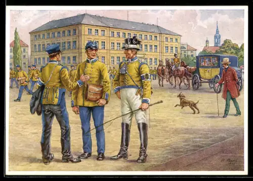 Künstler-AK Dresden, Sächs. Briefträger und Postillione vor dem Hofpostamt, Mitte des 19. Jahrhunderts