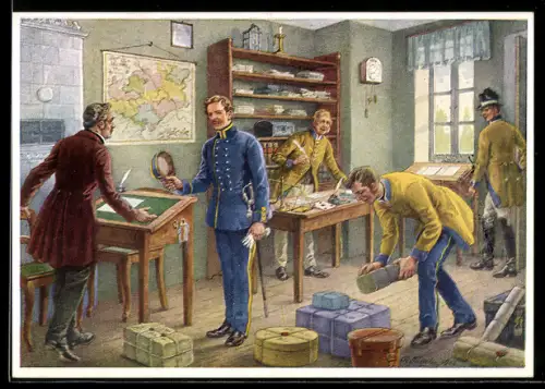 Künstler-AK Poststube mit Postbeamten 1852