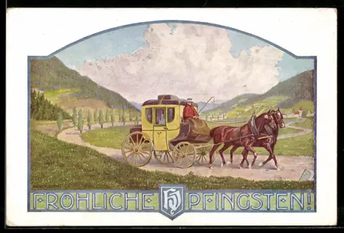 AK Postkutsche fährt durch Frühlingslandschaft