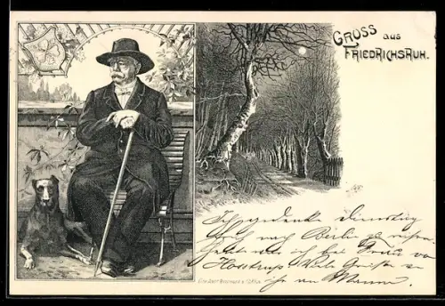Lithographie Friedrichsruh, Fürst Bismarck sizt auf einer Bank