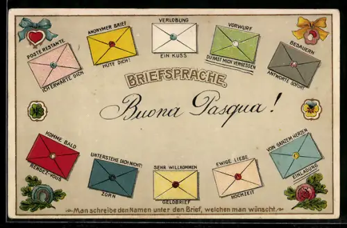 AK Briefmarkensprache, Briefe in verschiedenen Farben