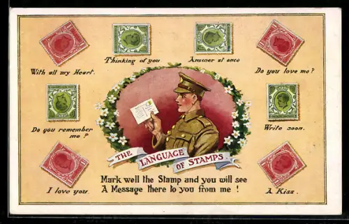 AK The Language of Stramps, Briefmarkensprache, britischer Soldat