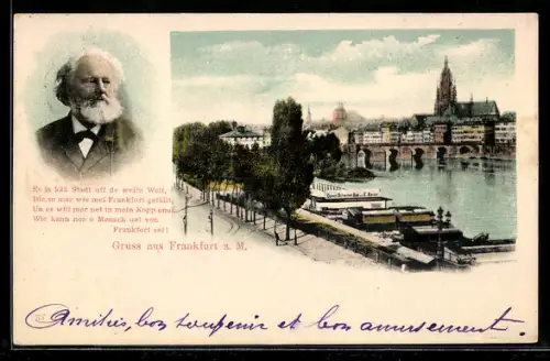 AK Frankfurt a. Main, Portrait Friedrich Stoltze, Partie am Mainufer mit Damen-Schwimmbad von E. Kayser