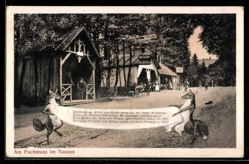AK Feldberg /Taunus, Gasthaus Fuchstanz von Konr. Rudolg, Tanzende Füchse mit Banner