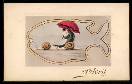 AK 1er Avril, Fisch mit Regenschirm reitet auf Schnecken