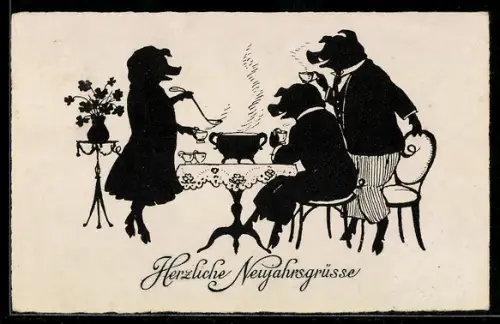 AK Drei Schweine zusammen an einem Tisch