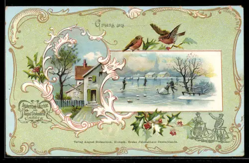 Lithographie Einbeck, August Stukenbrok Fahrräder, Winterlandschaft mit zugefrorenem See