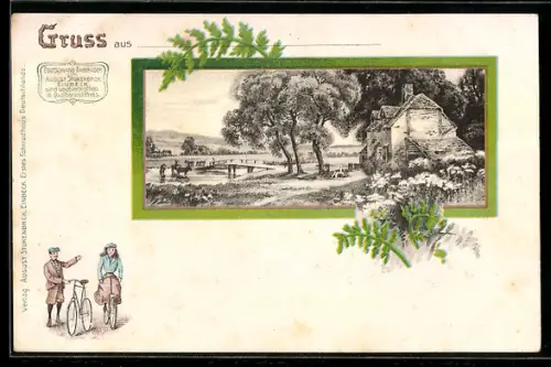 Lithographie Einbeck, August Stukenbrok Fahrräder, Idyllische Landschaft mit Brücke