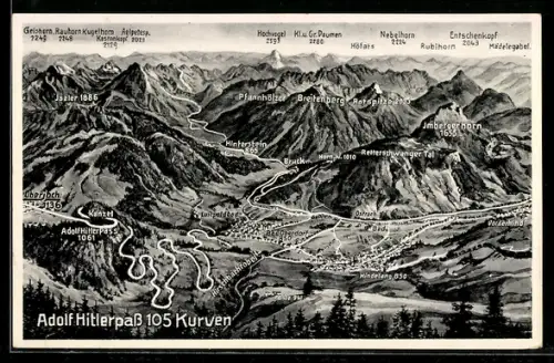 AK Hindelang, Panoramakarte der Alpen mit Pass