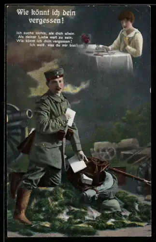 AK Soldat liest an der Front den Brief seiner Liebsten, Feldpost