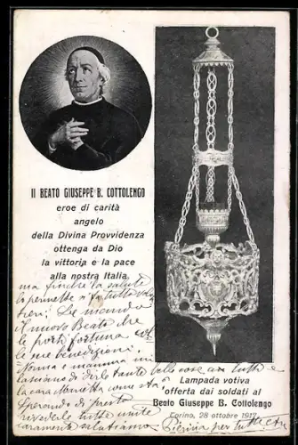 AK Il Beato Giuseppe B. Cottolengo, Lampada votiva offerta dai soldati al Cottolengo, Schutzpatron