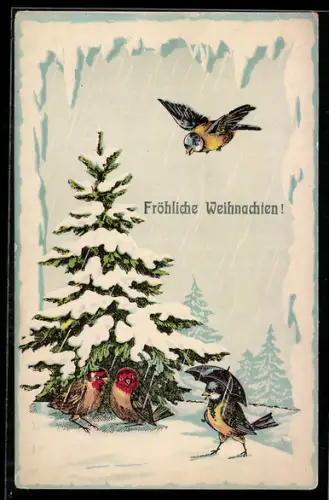 AK Vögel stehen unter dem verschneiten Tannenbaum, vermenschlichte Tiere, Fröhliche Weihnachten