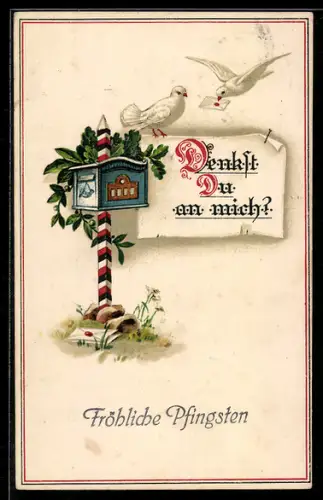 Künstler-AK Denkst du an mich? Briefkasten, Brieftaube mit Brief im Schnabel