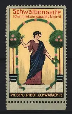Reklamemarke Schwabach, Schwalbenseife P. B. Ribot, Frau mit Blumengirlande
