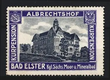Reklamemarke Bad Elster, Albrechtshof Kurpension, Moor- und Mineralbad, Gebäudeansicht